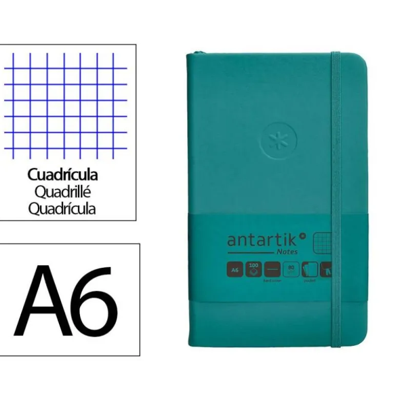 CUADERNO CON GOMILLA ANTARTIK NOTES TAPA DURA A6 HOJAS CUADRICULA VERDE AGUAMARINA 100 HOJAS 80 GR