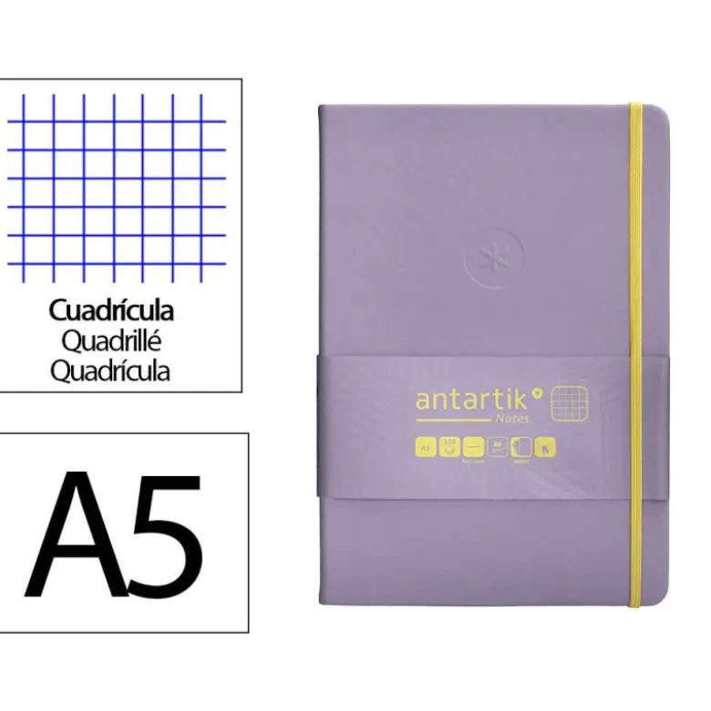 CUADERNO CON GOMILLA ANTARTIK NOTES TAPA DURA A5 HOJAS CUADRICULA MORADO Y AMARILLO 100 HOJAS 80 GR FSC