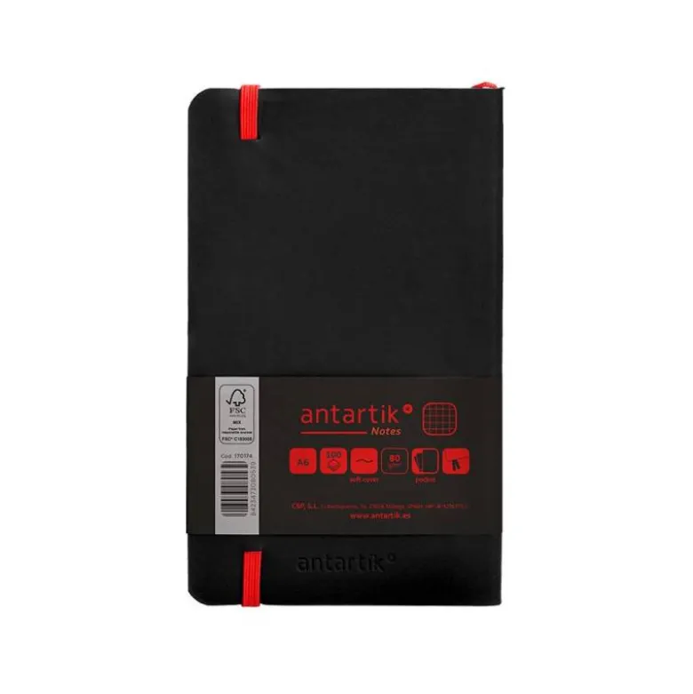 CUADERNO CON GOMILLA ANTARTIK NOTES TAPA BLANDA A6 CUADRICULA NEGRO Y ROJO 100 HOJAS 80 GR FSC
