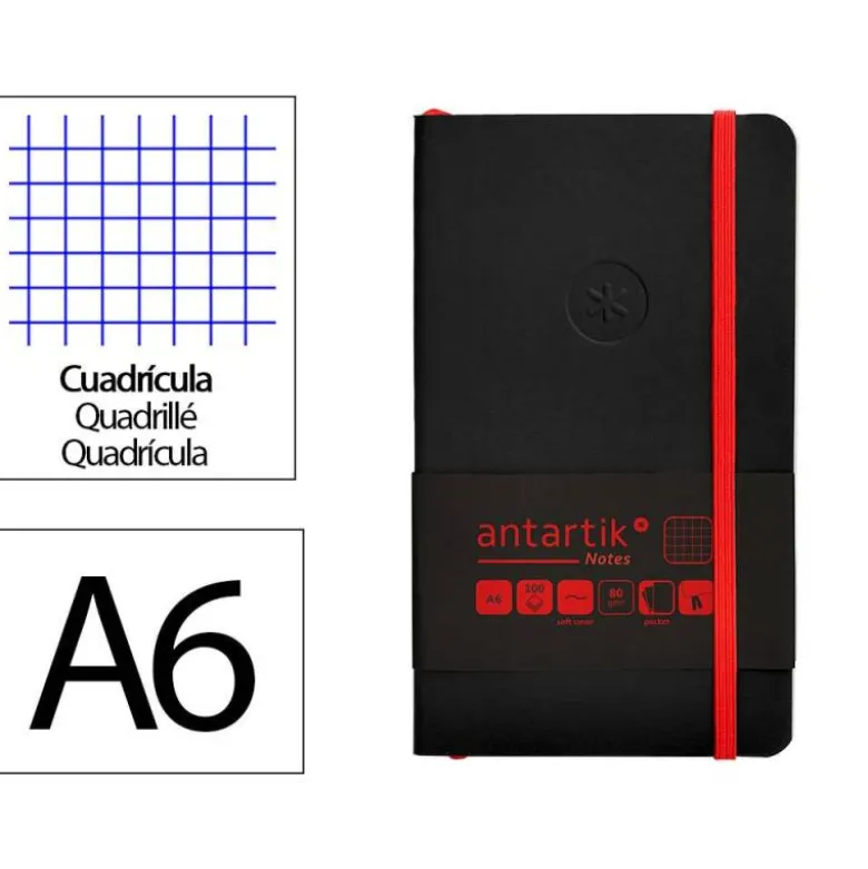 CUADERNO CON GOMILLA ANTARTIK NOTES TAPA BLANDA A6 CUADRICULA NEGRO Y ROJO 100 HOJAS 80 GR FSC