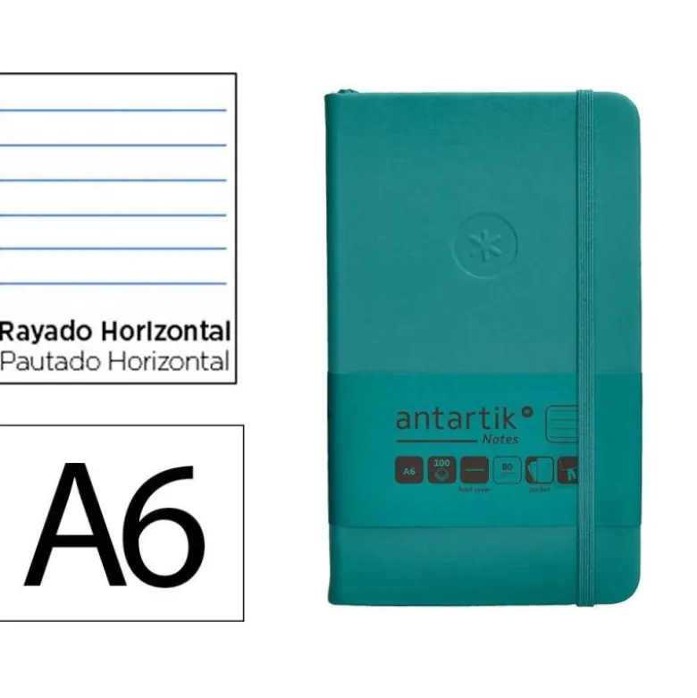 CUADERNO CON GOMILLA ANTARTIK NOTES TAPA DURA A6 HOJAS RAYAS VERDE AGUAMARINA 100 HOJAS 80 GR FSC