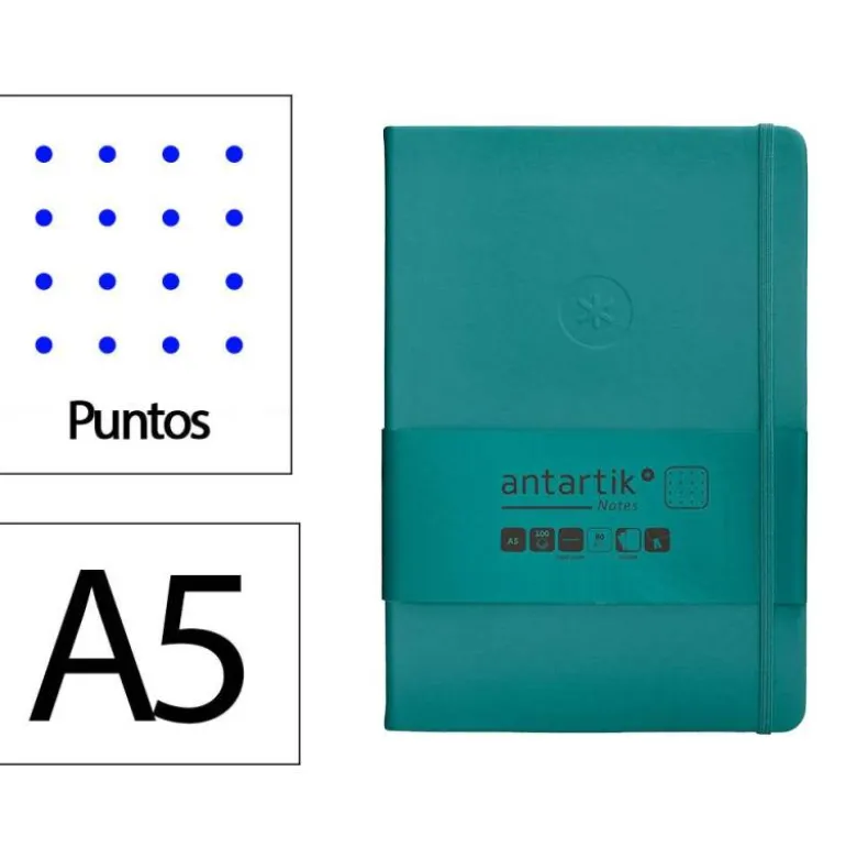 CUADERNO CON GOMILLA ANTARTIK NOTES TAPA DURA A5 HOJAS PUNTOS VERDE AGUAMARINA 100 HOJAS 80 GR FSC