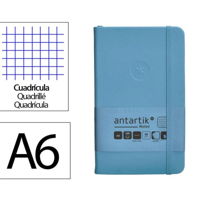 CUADERNO CON GOMILLA ANTARTIK NOTES TAPA DURA A6 HOJAS CUADRICULA AZUL CLARO 100 HOJAS 80 GR FSC