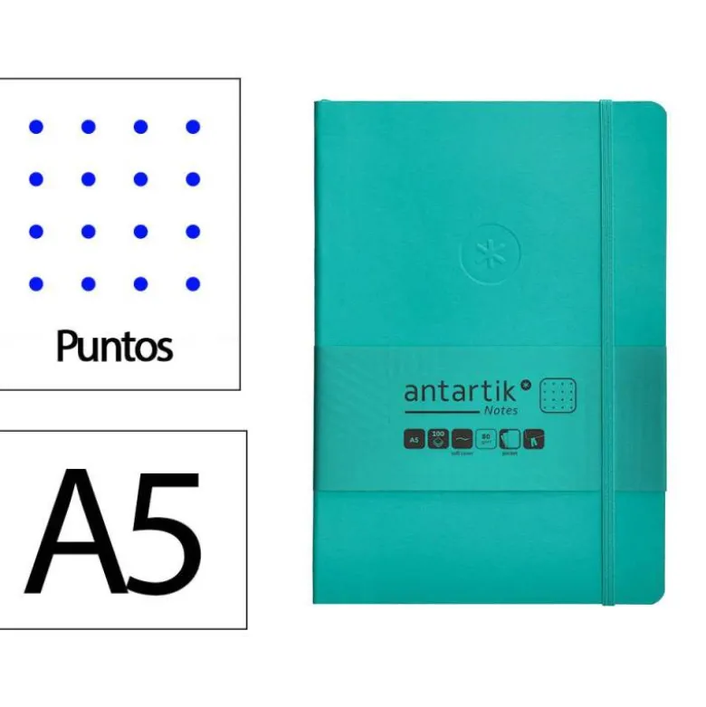 CUADERNO CON GOMILLA ANTARTIK NOTES TAPA BLANDA A5 HOJAS PUNTOS TURQUESA 80 HOJAS 80 GR FSC