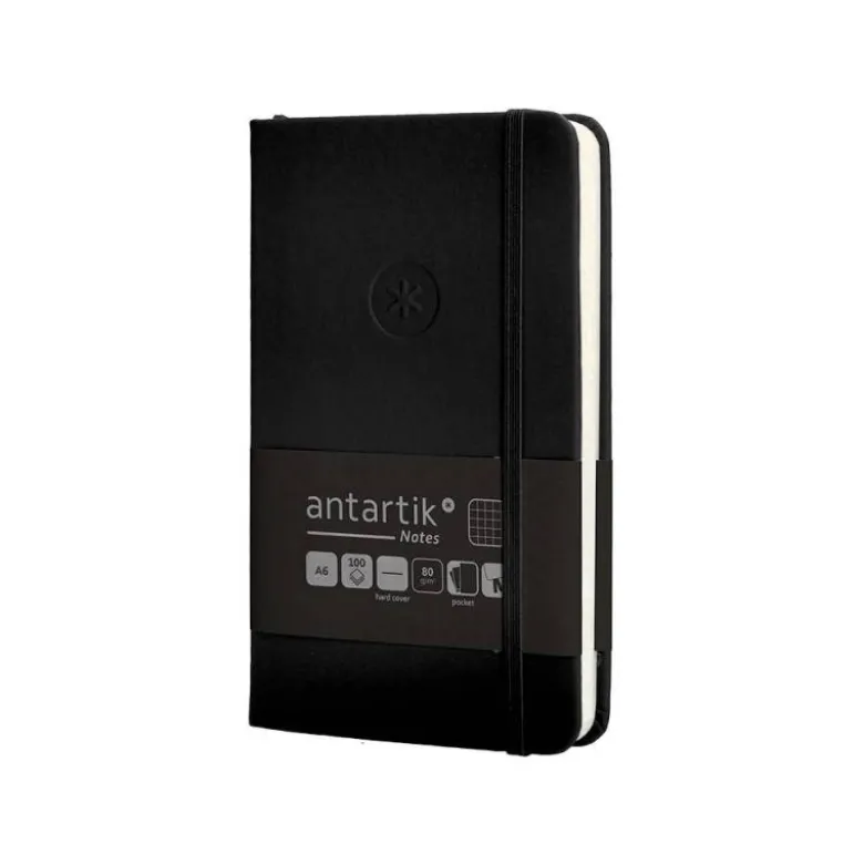 CUADERNO CON GOMILLA ANTARTIK NOTES TAPA DURA A6 HOJAS CUADRICULA NEGRO 100 HOJAS 80 GR FSC