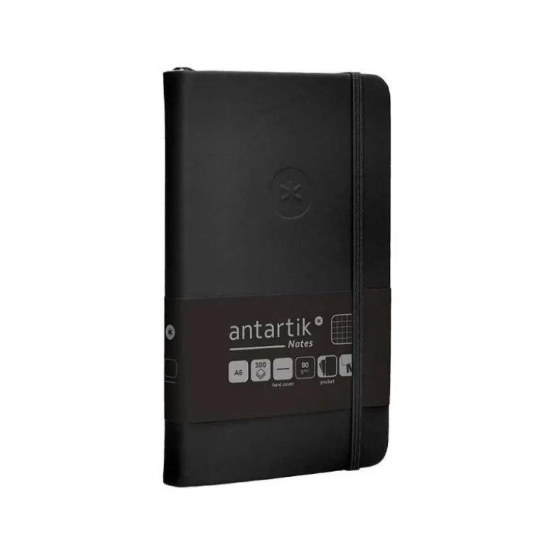 CUADERNO CON GOMILLA ANTARTIK NOTES TAPA DURA A6 HOJAS CUADRICULA NEGRO 100 HOJAS 80 GR FSC