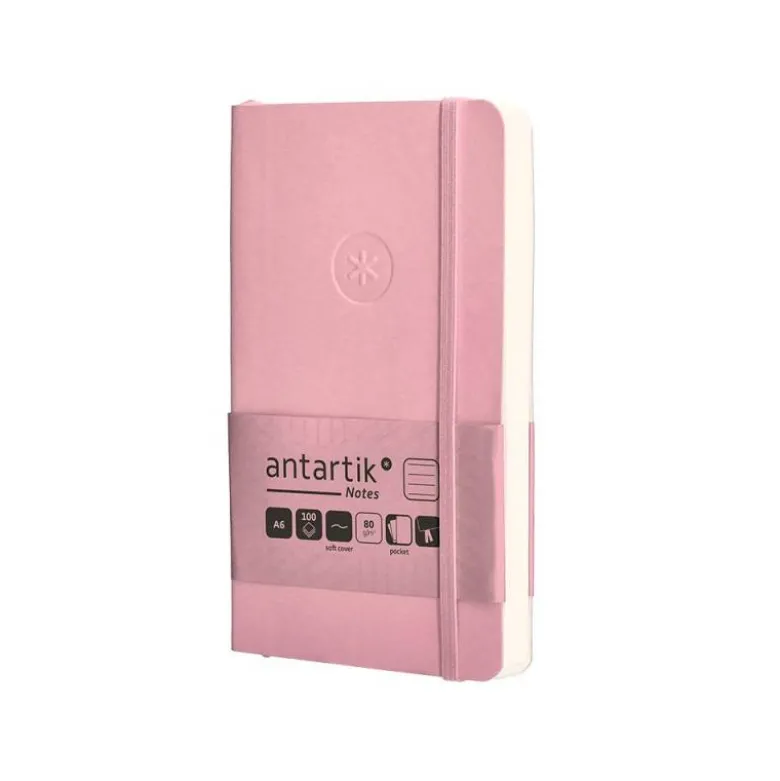 CUADERNO CON GOMILLA ANTARTIK NOTES TAPA BLANDA A6 RAYAS ROSA PASTEL 100 HOJAS 80 GR FSC