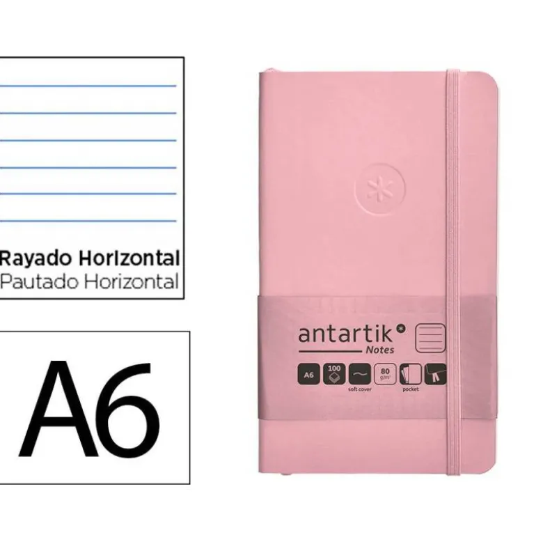 CUADERNO CON GOMILLA ANTARTIK NOTES TAPA BLANDA A6 RAYAS ROSA PASTEL 100 HOJAS 80 GR FSC