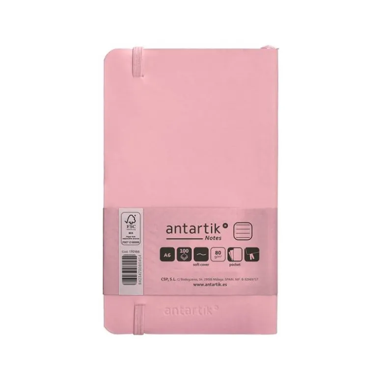 CUADERNO CON GOMILLA ANTARTIK NOTES TAPA BLANDA A6 RAYAS ROSA PASTEL 100 HOJAS 80 GR FSC