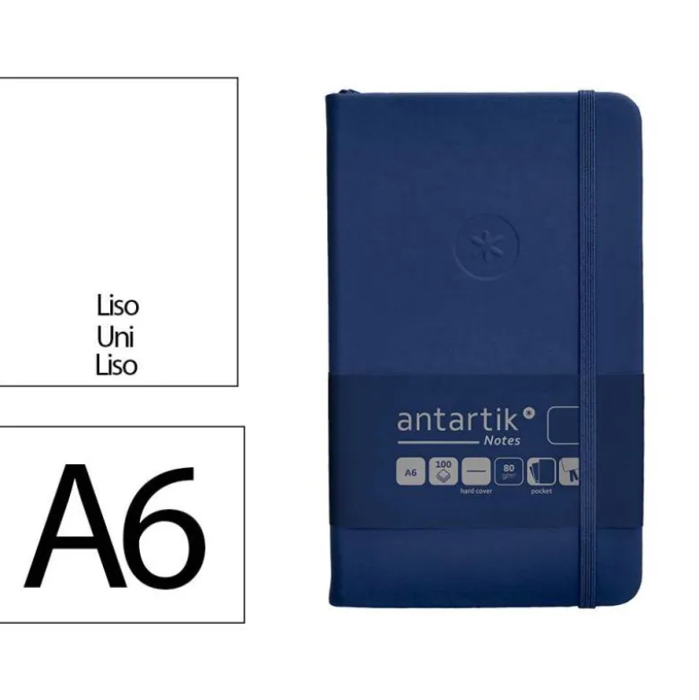 CUADERNO CON GOMILLA ANTARTIK NOTES TAPA DURA A6 HOJAS LISAS AZUL MARINO 100 HOJAS 80 GR FSC