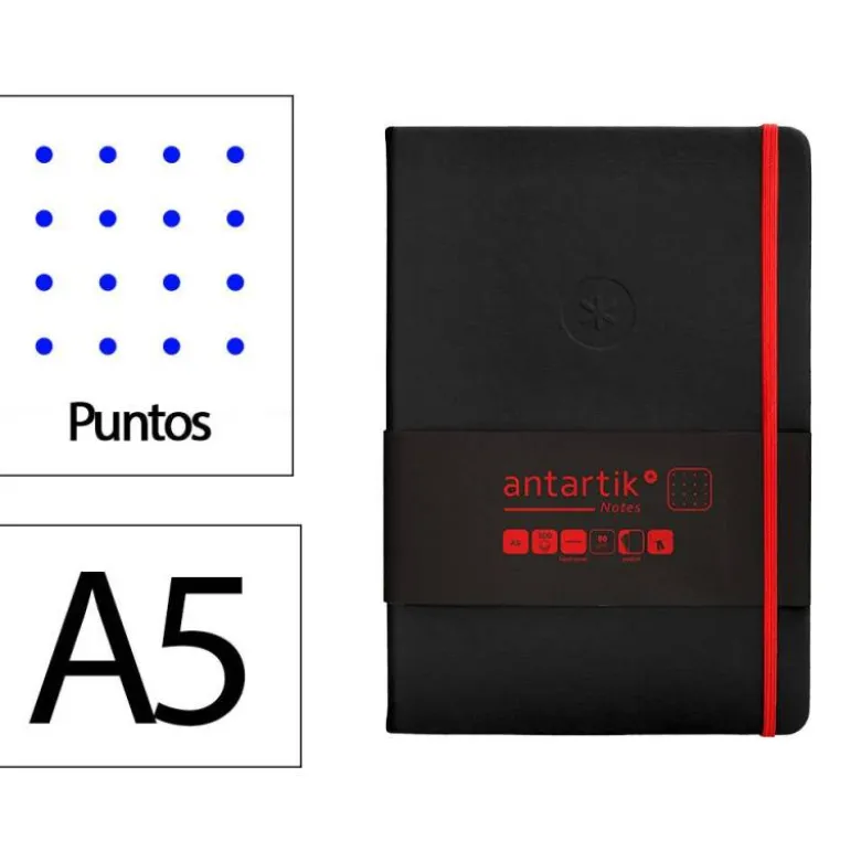 CUADERNO CON GOMILLA ANTARTIK NOTES TAPA DURA A5 HOJAS PUNTOS NEGRO Y ROJO 100 HOJAS 80 GR FSC