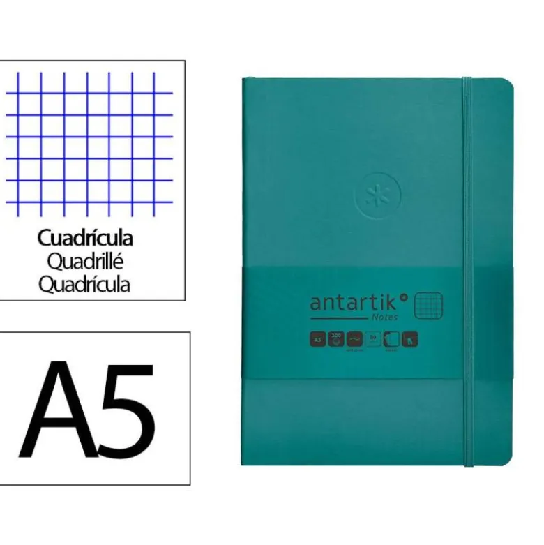 CUADERNO CON GOMILLA ANTARTIK NOTES TAPA BLANDA A5 HOJAS CUADRICULA VERDE AGUAMARINA 80 HOJAS 80 GR FSC