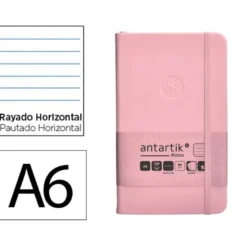 CUADERNO CON GOMILLA ANTARTIK NOTES TAPA DURA A6 HOJAS RAYAS ROSA PASTEL 100 HOJAS 80 GR FSC