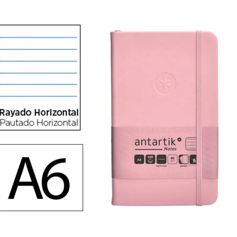 CUADERNO CON GOMILLA ANTARTIK NOTES TAPA DURA A6 HOJAS RAYAS ROSA PASTEL 100 HOJAS 80 GR FSC