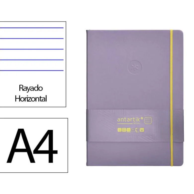 CUADERNO CON GOMILLA ANTARTIK NOTES TAPA DURA A4 HOJAS RAYAS MORADO Y AMARILLO 100 HOJAS 80 GR FSC