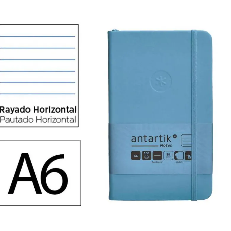 CUADERNO CON GOMILLA ANTARTIK NOTES TAPA DURA A6 HOJAS RAYAS AZUL CLARO 100 HOJAS 80 GR FSC