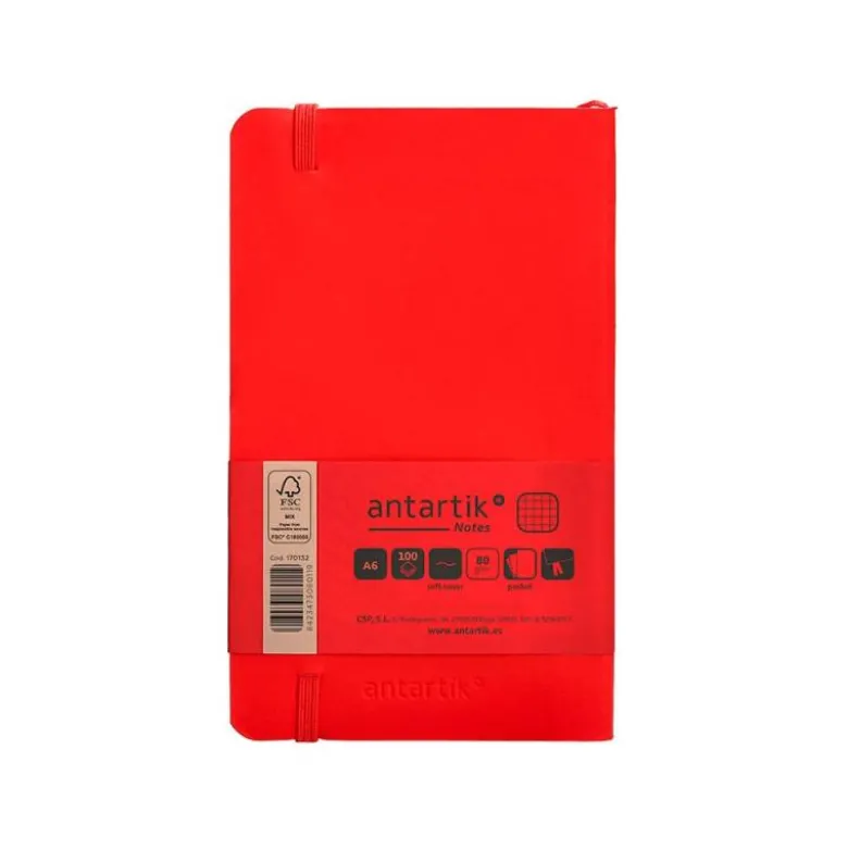CUADERNO CON GOMILLA ANTARTIK NOTES TAPA BLANDA A6 CUADRICULA ROJO 100 HOJAS 80 GR FSC
