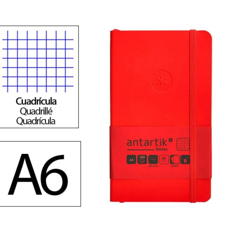 CUADERNO CON GOMILLA ANTARTIK NOTES TAPA BLANDA A6 CUADRICULA ROJO 100 HOJAS 80 GR FSC