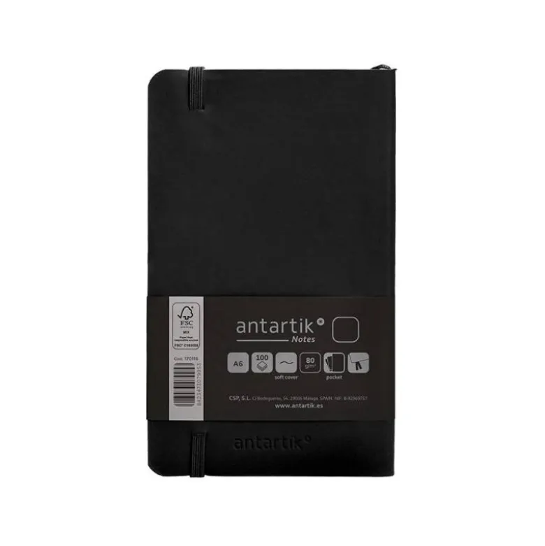 CUADERNO CON GOMILLA ANTARTIK NOTES TAPA BLANDA A6 HOJAS LISAS NEGRO 100 HOJAS 80 GR FSC