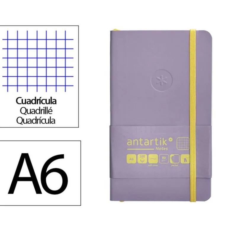 CUADERNO CON GOMILLA ANTARTIK NOTES TAPA BLANDA A6 CUADRICULA MORADO Y AMARILLO 100 HOJAS 80 GR FSC