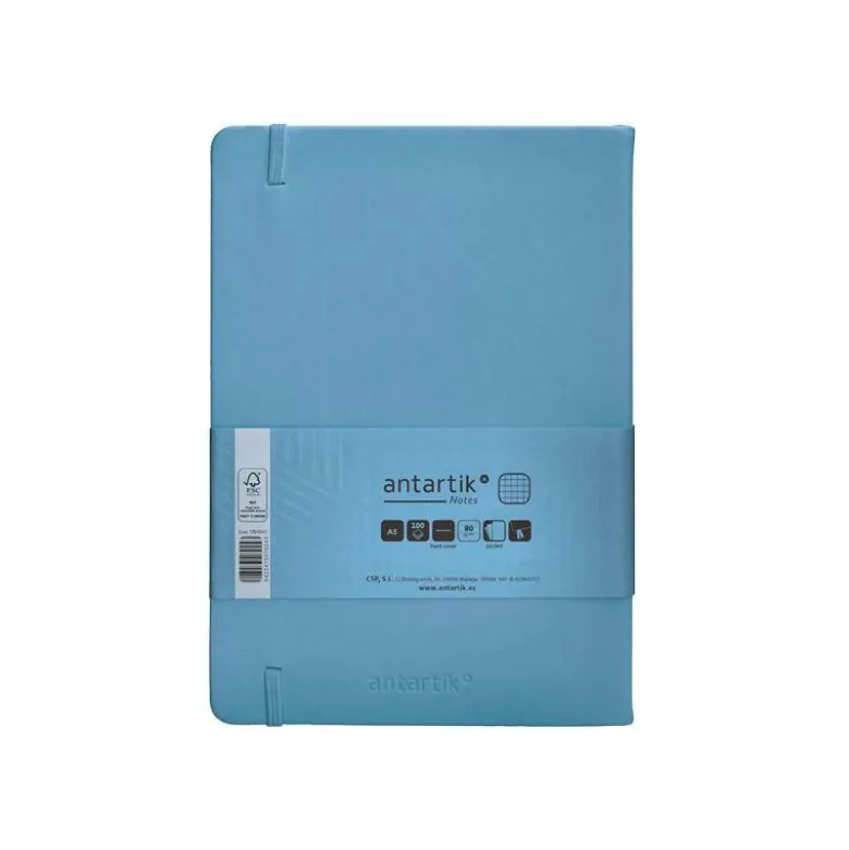 CUADERNO CON GOMILLA ANTARTIK NOTES TAPA DURA A5 HOJAS CUADRICULA AZUL CLARO 100 HOJAS 80 GR FSC