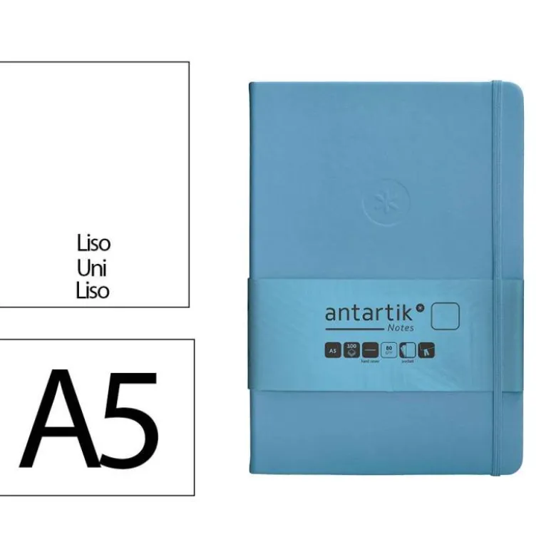 CUADERNO CON GOMILLA ANTARTIK NOTES TAPA DURA A5 HOJAS LISAS AZUL CLARO 100 HOJAS 80 GR FSC