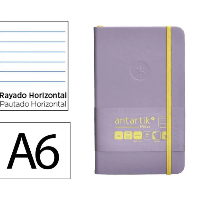 CUADERNO CON GOMILLA ANTARTIK NOTES TAPA DURA A6 HOJAS RAYAS MORADO Y AMARILLO 100 HOJAS 80 GR FSC