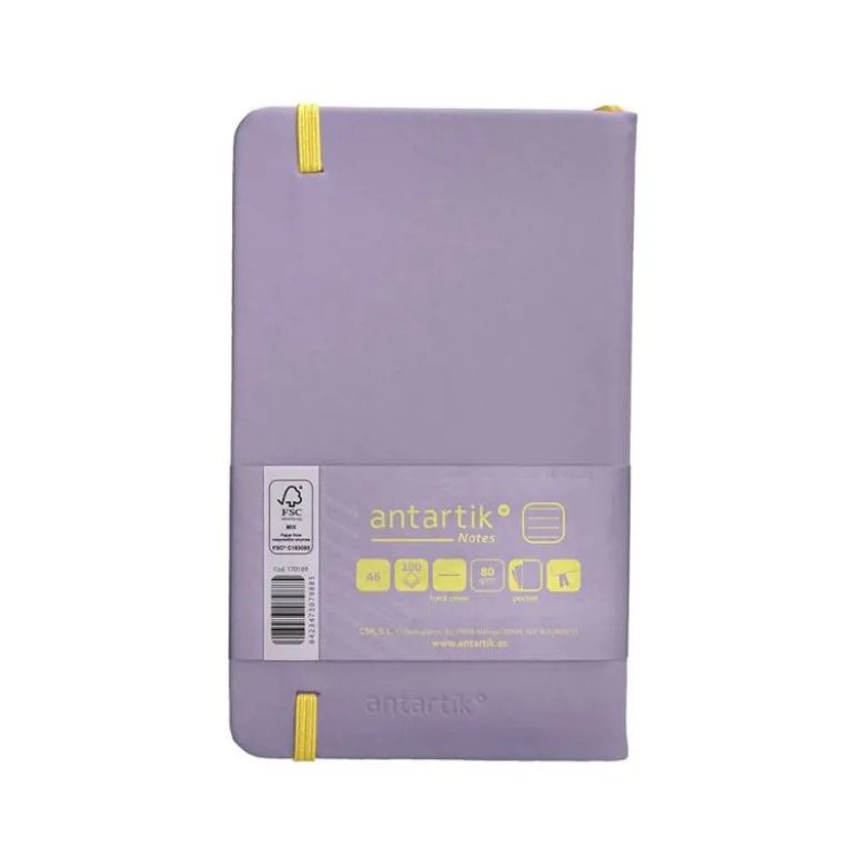 CUADERNO CON GOMILLA ANTARTIK NOTES TAPA DURA A6 HOJAS RAYAS MORADO Y AMARILLO 100 HOJAS 80 GR FSC