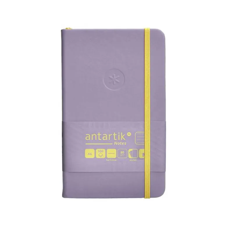 CUADERNO CON GOMILLA ANTARTIK NOTES TAPA DURA A6 HOJAS RAYAS MORADO Y AMARILLO 100 HOJAS 80 GR FSC