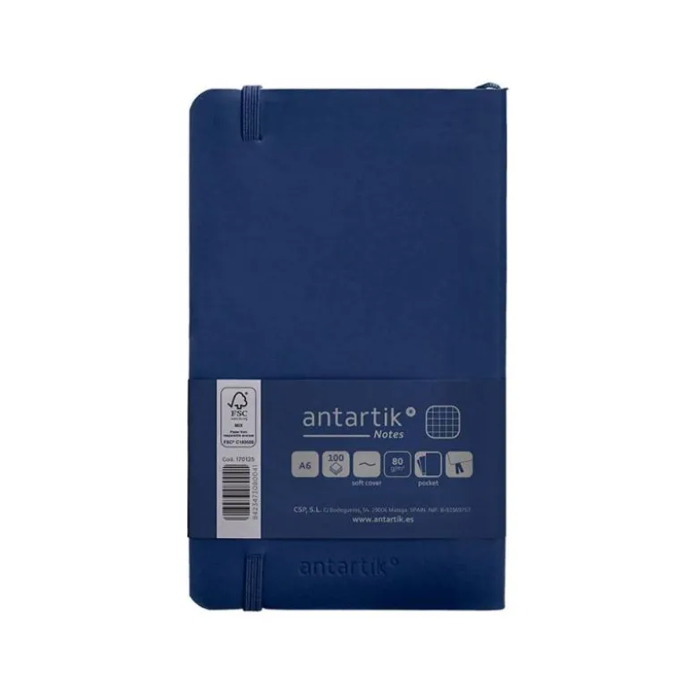 CUADERNO CON GOMILLA ANTARTIK NOTES TAPA BLANDA A6 CUADRICULA AZUL MARINO 100 HOJAS 80 GR FSC