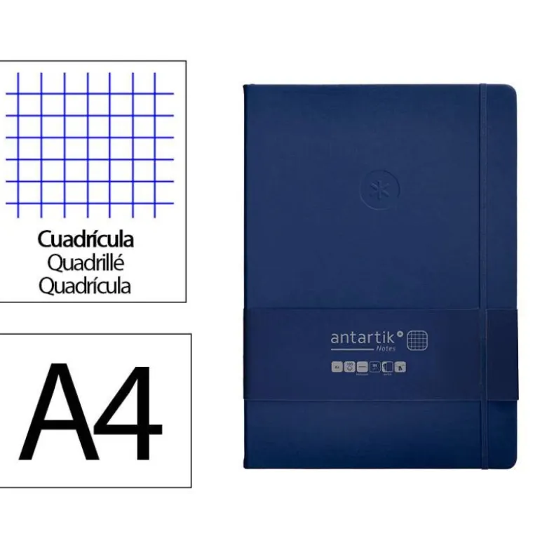 CUADERNO CON GOMILLA ANTARTIK NOTES TAPA DURA A4 HOJAS CUADRICULA AZUL MARINO 100 HOJAS 80 GR FSC