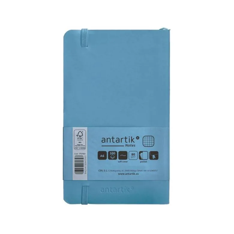 CUADERNO CON GOMILLA ANTARTIK NOTES TAPA BLANDA A6 CUADRICULA AZUL CLARO 100 HOJAS 80 GR FSC