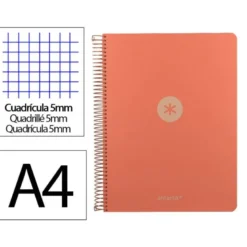 CUADERNO ESPIRAL ANTARTIK MICRO A4 TAPA FOAM 120H 90GR CUADRO 5MM 5 BANDAS 4 TALADROS COLOR CORAL