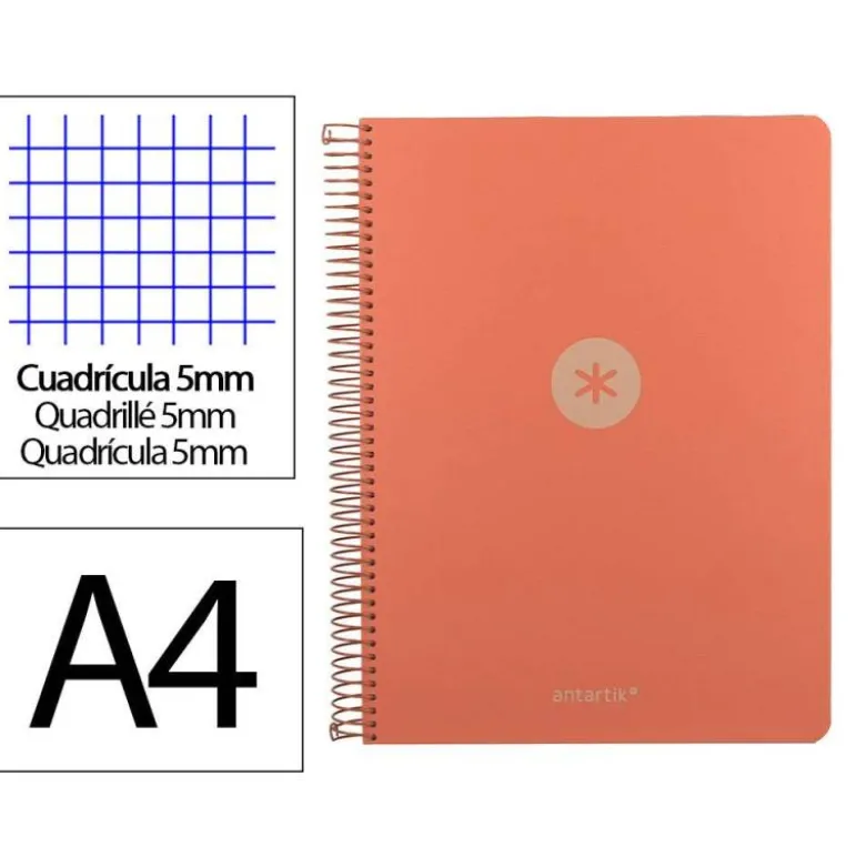 CUADERNO ESPIRAL ANTARTIK MICRO A4 TAPA FOAM 120H 90GR CUADRO 5MM 5 BANDAS 4 TALADROS COLOR CORAL