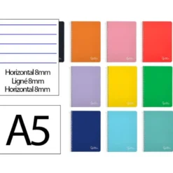 CUADERNO ESPIRAL LIDERPAPEL DIN A5 WITTY TAPA DURA 80H 90GR RAYADO HORIZONTAL 8MM CON MARGEN COLORES SURTIDOS