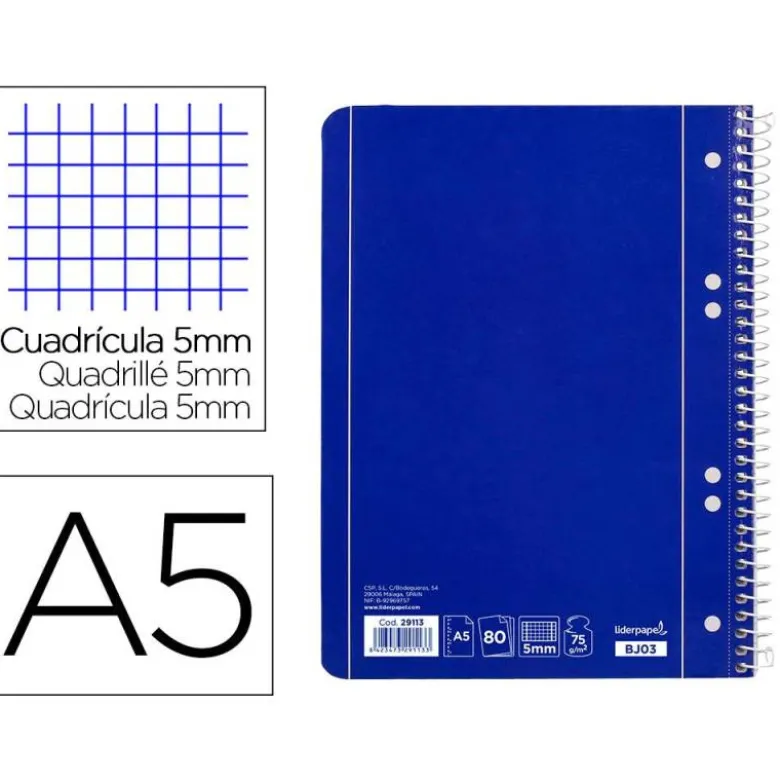 Cuaderno espiral Liderpapel Din A5 micro serie azul tapa blanda 80h 75 gr cuadro5mm 6 taladros azul