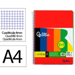CUADERNO ESPIRAL LIDERPAPEL DIN A4 SMART TAPA BLANDA 80H 75GR CUADRO 4 MM CON MARGEN PACK 5+1 COLORES SURTIDOS