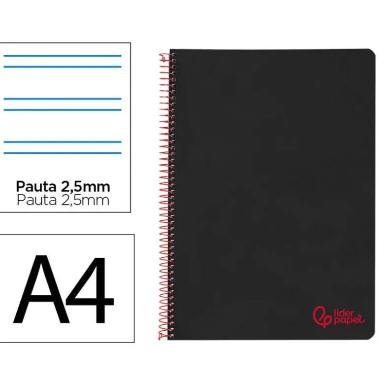 CUADERNO ESPIRAL LIDERPAPEL A4 WONDER TAPA PLASTICO 80H 90GR PAUTA ESTRECHA 2,5MM CON MARGEN COLOR NEGRO