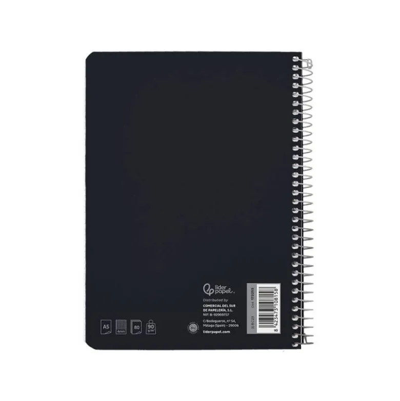 CUADERNO ESPIRAL LIDERPAPEL DIN A5 WITTY TAPA DURA 80H 90GR CUADRO 4MM CON MARGEN COLOR NEGRO
