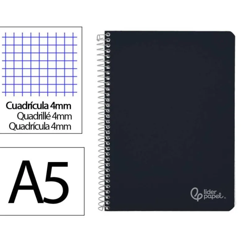 CUADERNO ESPIRAL LIDERPAPEL DIN A5 WITTY TAPA DURA 80H 90GR CUADRO 4MM CON MARGEN COLOR NEGRO