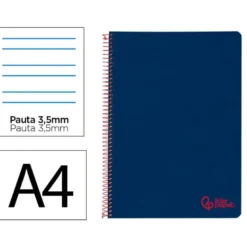 CUADERNO ESPIRAL LIDERPAPEL A4 WONDER TAPA PLASTICO 80H 90GR PAUTA ANCHA 3,5MM CON MARGEN COLOR AZUL MARINO