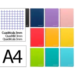 CUADERNO ESPIRAL LIDERPAPEL DIN A4 WITTY TAPA DURA 80H 90GR CUADRO 3MM CON MARGEN COLORES SURTIDOS