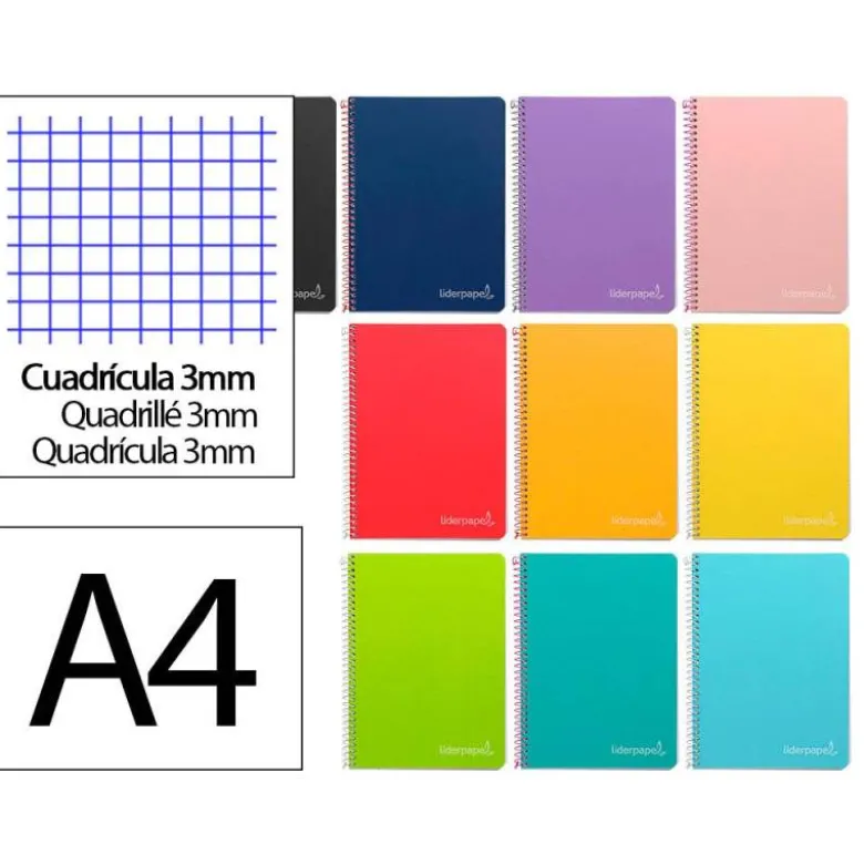 CUADERNO ESPIRAL LIDERPAPEL DIN A4 WITTY TAPA DURA 80H 90GR CUADRO 3MM CON MARGEN COLORES SURTIDOS