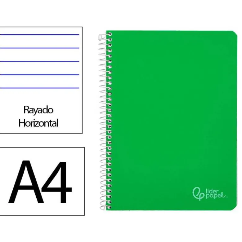 CUADERNO ESPIRAL LIDERPAPEL DIN A4 WITTY TAPA DURA 80H 90GR RAYADO HORIZONTAL CON MARGEN COLOR VERDE
