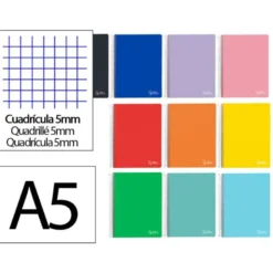 CUADERNO ESPIRAL LIDERPAPEL A5 MICRO WITTY TAPA DURA 120H 90GR CUADRO 5MM 5 BANDAS 6 TALADROS COLORES SURTIDOS