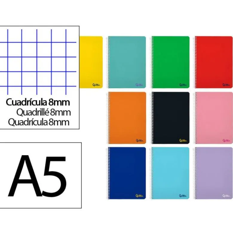CUADERNO ESPIRAL LIDERPAPEL DIN A5 SMART TAPA BLANDA 80H 75GR CUADRO 8MM CON MARGEN COLORES SURTIDOS
