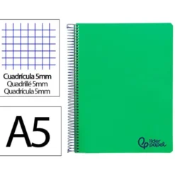 CUADERNO ESPIRAL LIDERPAPEL A5 MICRO WONDER TAPA PLASTICO 120H 90GR CUADRO 5MM 5 BANDAS 6 TALADROS COLOR VERDE OSCURO