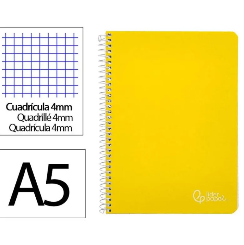CUADERNO ESPIRAL LIDERPAPEL DIN A5 WITTY TAPA DURA 80H 90GR CUADRO 4MM CON MARGEN COLOR AMARILLO