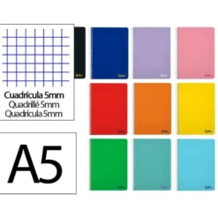 CUADERNO ESPIRAL LIDERPAPEL A5 MICRO SMART TAPA BLANDA 80H 75GR CUADRO 5MM DOBLE MARGEN 6 TALADROS COLORES
