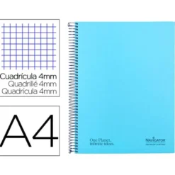 CUADERNO ESPIRAL NAVIGATOR A4 TAPA DURA 80H 80GR CUADRO 4MM CON MARGEN AZUL CLARO
